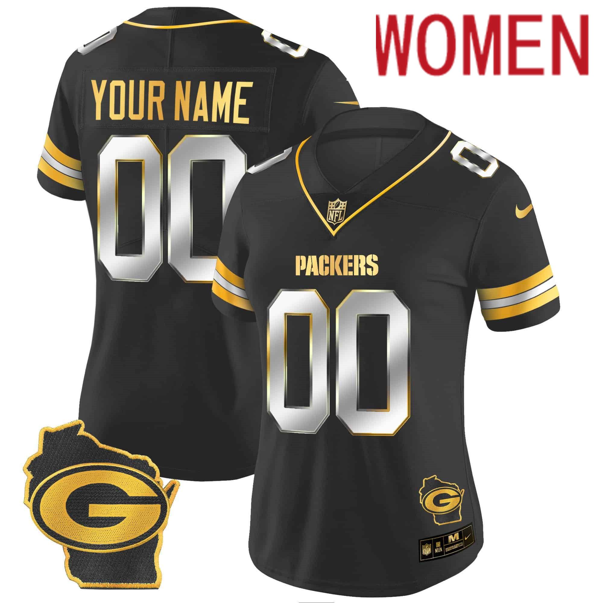 Women Green Bay Packers Black Gold 2024 Nike Home Patch Vapor Custom NFL Jersey style 1